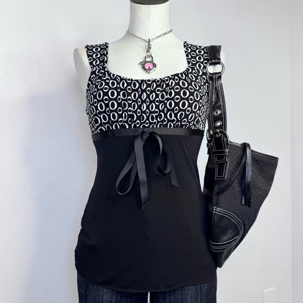 Y2K Babydoll Tank Top Bow Small Coquette Mod Officecore Geometric Print Feminine